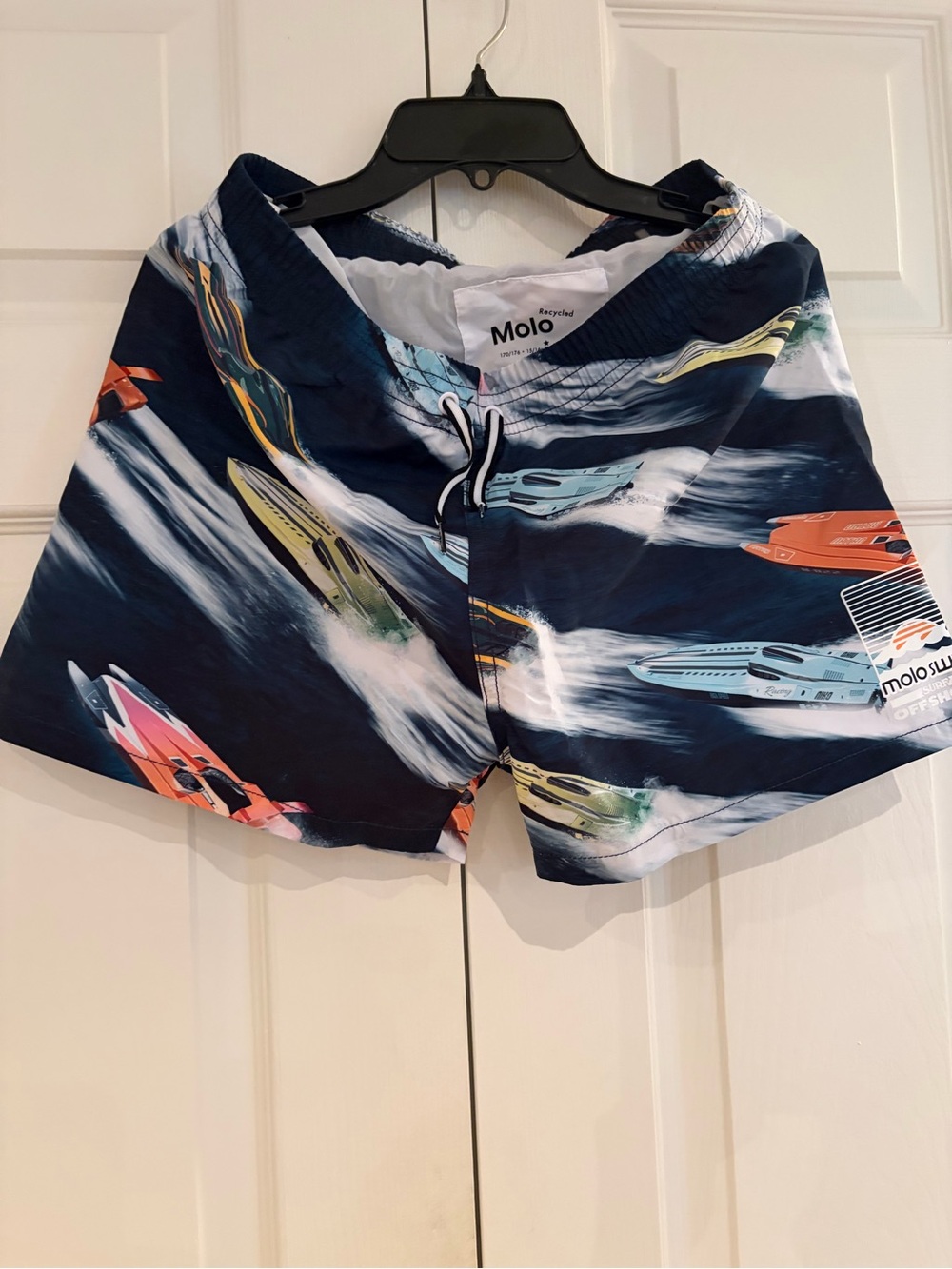 Molo Navy Swim Trunks with Multicolor Speedboat Print